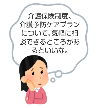 「介護保険制度、介護予防ケアプランについて、気軽に相談できるところがあるといいな。」